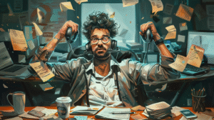 Overwhelmed sales development rep multitasking at chaotic desk — visual metaphor for GTM execution overload.